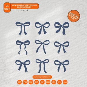 Könnte beinhalten: Neun marineblaue Schleifen-Stickmuster in verschiedenen Stilen. Das Bild enthält den Text "MINI EMBROIDERY DESIGN FOR MACHINES" und Größen von 2,5 cm bis 12,7 cm. Das Bild enthält auch den Text "DIGITAL DOWNLOAD FILE" und verfügbare Dateiformate.