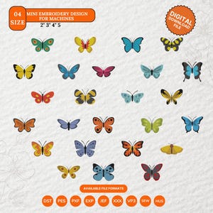 Puede incluir: Diseños de bordado de mariposas coloridas para máquinas. Los diseños varían en color y patrón, con tamaños de 5 cm a 12.7 cm. La imagen incluye el texto "MINI EMBROIDERY DESIGN FOR MACHINES" y "DIGITAL DOWNLOAD FILE."
