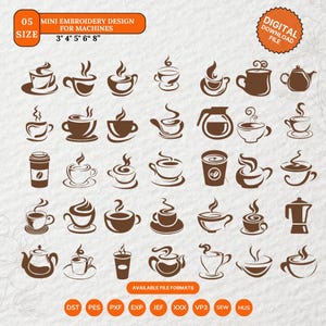 Könnte beinhalten: Eine Sammlung brauner Stickmuster von Kaffeetassen und Kaffeekannen. Das Bild enthält den Text "MINI EMBROIDERY DESIGN FOR MACHINES" und "DIGITAL DOWNLOAD FILE". Verfügbare Größen: 7.6 cm, 10.2 cm, 12.7 cm, 15.2 cm und 20.3 cm.