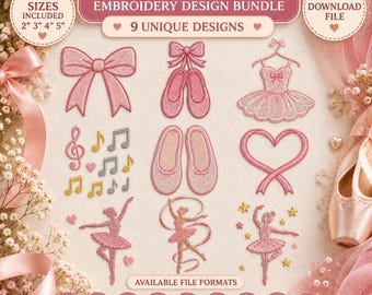 May include: A digital embroidery design bundle titled Mini Ballerina featuring 9 unique pink and gold motifs including a bow, ballet slippers, a tutu, musical notes, a heart, and dancers. Includes 4 sizes from 2 to 5 inches.
