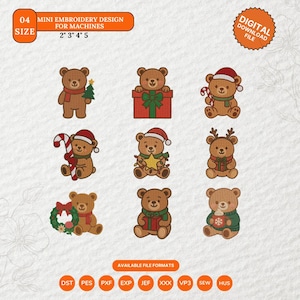 Könnte beinhalten: Neun braune Teddybär-Stickmuster mit Weihnachts- und Wintermotiven. Jeder Bär ist mit festlichen Accessoires wie Weihnachtsmütze, Zuckerstange oder Geschenk geschmückt. Die Designs sind in verschiedenen Dateiformaten und Größen verfügbar.