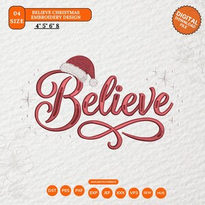 Ricamo "Believe Christmas", elegante scritta in corsivo con cappello di Babbo Natale e stelle scintillanti, 5 misure, download immediato.