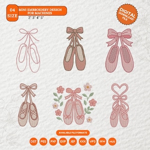 Może przedstawiać: Cyfrowy wzór haftu przedstawiający sześć wzorów baletek w odcieniach różu i brązu. Wzory zawierają kokardy i kwiatowe akcenty. U góry znajduje się napis "MINI EMBROIDERY DESIGN FOR MACHINES" z rozmiarami 5 cm, 7.6 cm, 10.2 cm i 12.7 cm.