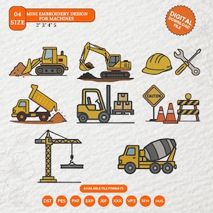 Könnte beinhalten: Eine Sammlung von Mini-Stickmustern für Maschinen, die Baufahrzeuge und -ausrüstung darstellen. Designs umfassen einen Bulldozer, Bagger, Muldenkipper, Gabelstapler, Schutzhelm, Schraubenschlüssel, Warnschild, Leitkegel, Absperrung, Kran und Betonmischer. Verfügbar in verschiedenen Dateiformaten.
