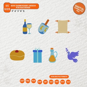 May include: A digital embroidery design featuring various icons, including a wine bottle and glass, a dreidel, a scroll, a gift box, a bottle of oil, a dove, and a pastry. The design is available in multiple sizes, from 3 to 8 inches.