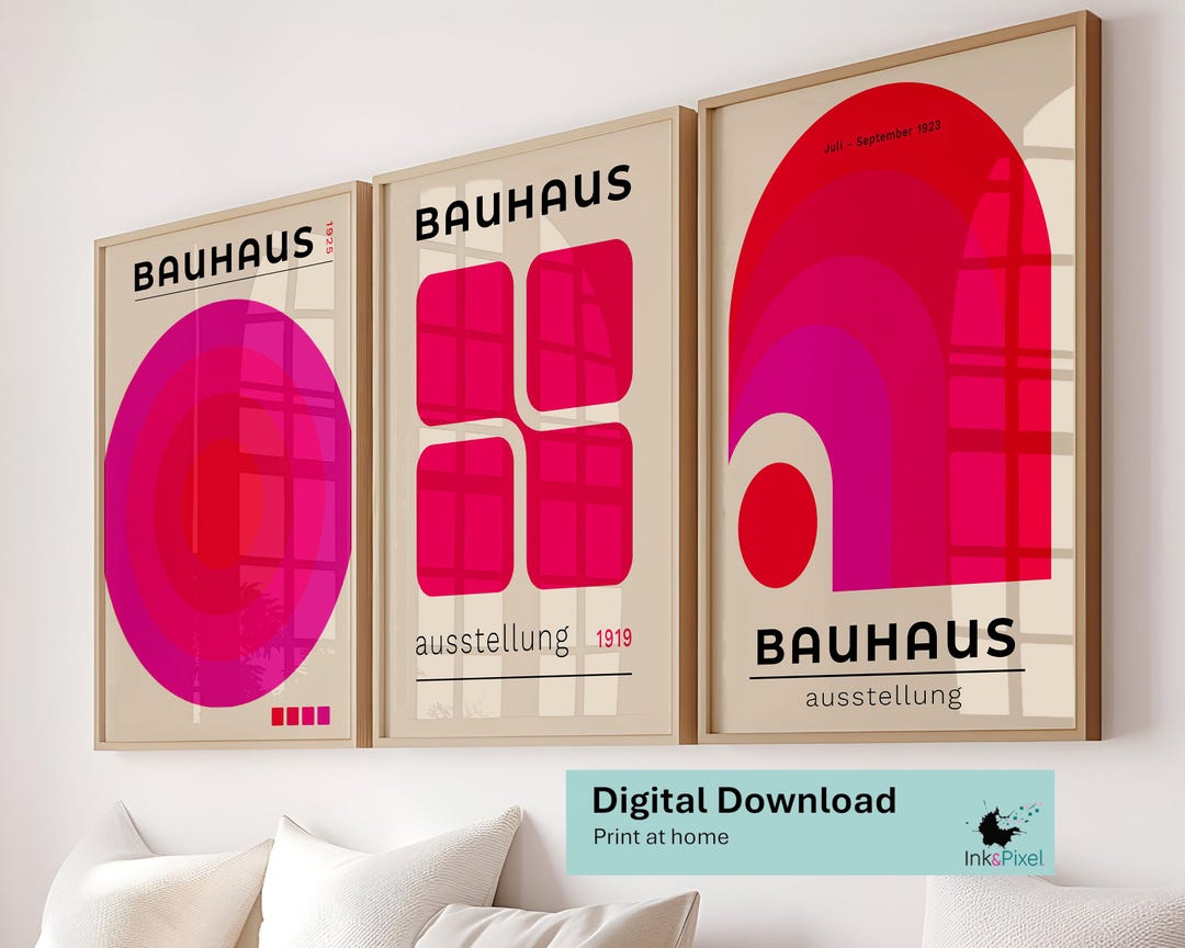 Set of 3 Wall Art – Pink Bauhaus Prints – Mid Century Modern Abstract ...