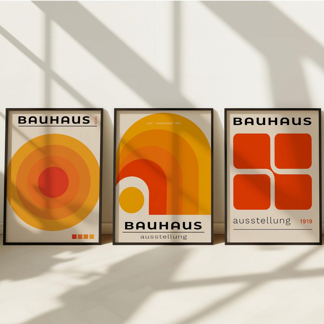 Orange Bauhaus Wall Art Set of 3 – Mid Century Modern Living Room Decor ...