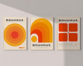 Orange Bauhaus Print Set of 3 – Digital Download - Mid Century Modern Minimalist Geometric Wall Art