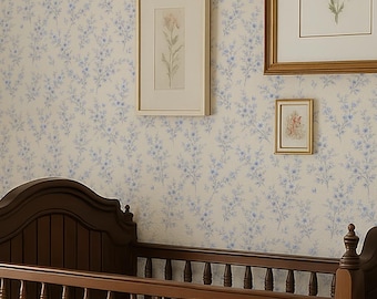 Blue Cherry Blossom Wallpaper – Cottagecore Nursery Peel & Stick or Traditional Wall Covering, Custom Colors