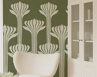 Art Nouveau Floral Mural, Abstract Botanical Peel & Stick or Traditional Wallpaper in Custom Colors