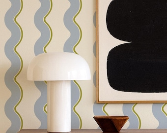 Papel pintado de rayas onduladas de mediados de siglo – Revestimiento de pared retro autoadhesivo o tradicional en colores personalizados