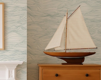 Coastal Wave Wallpaper – Minimalist Ocean Peel & Stick or Non-Woven Wall Covering in Custom Colors