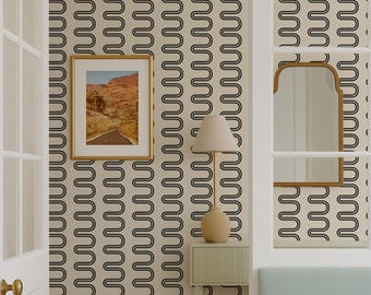 Carta da parati a righe ondulate retrò – Rivestimento murale moderno di metà secolo, staccabile e attaccabile o tradizionale