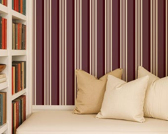 Papel pintado de rayas burdeos: revestimiento de pared victoriano tradicional, autoadhesivo o sin encolar, en colores personalizados.