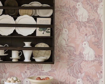 Carta da parati con coniglietto vittoriano: carta da parati vintage con animali, staccabile e attaccabile o in tessuto non tessuto, in colori personalizzati