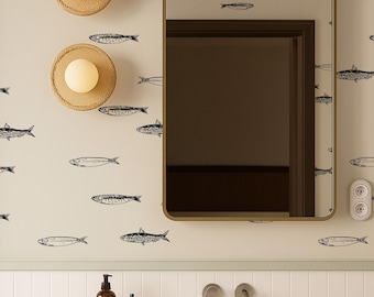 Carta da parati con pesci costieri, rivestimento murale minimalista nautico staccabile e attaccabile o non incollabile in colori personalizzati
