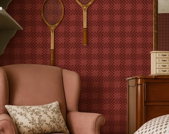 Carta da parati a quadri bordeaux – Stile vintage geometrico autoadesiva o rivestimento murale tradizionale in colori personalizzati