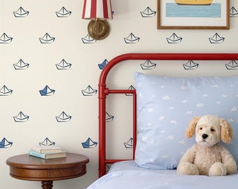 Paper Boat Wallpaper – Coastal Nautical Peel & Stick or Non-Woven Wall Covering in Custom Colors