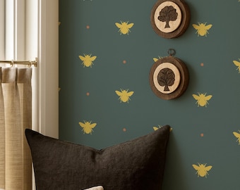Bee Wallpaper – Cottagecore Block Print Peel & Stick or Non-Woven Wall Covering in Custom Colors