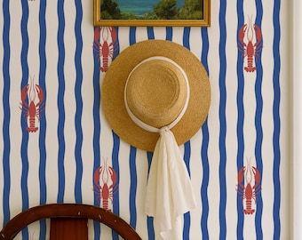 Waves and Lobsters Wallpaper – Coastal Peel & Stick or Non-Pasted Wall Covering in Custom Colors