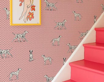 Papel pintado de dálmata rosa, revestimiento de pared autoadhesivo o sin cola con diseño de perro preppy en colores personalizados