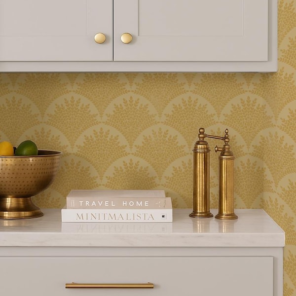 Golden Botanical Wallpaper – Scallop Peel & Stick or Traditional Wall Covering in Custom Color