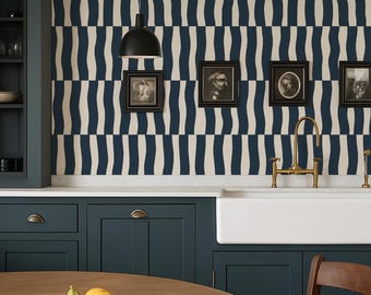 Carta da parati a righe ondulate blu navy - Boho Peel & Stick o rivestimento murale tradizionale, colori personalizzati