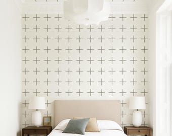 Papel pintado minimalista cruzado estilo Japandi: revestimiento geométrico autoadhesivo o tradicional en colores personalizados.