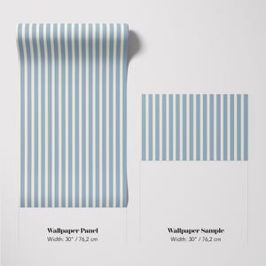May include: A roll of blue and white striped wallpaper panel and a sample. The wallpaper has vertical stripes in light blue and white. The panel is 76.2 cm wide. The sample is also 76.2 cm wide. The text on the image reads "Wallpaper Panel" and "Wallpaper Sample".
