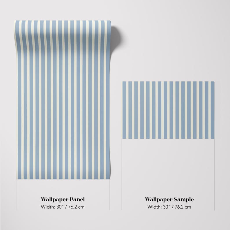 May include: A roll of blue and white striped wallpaper panel and a sample. The wallpaper has vertical stripes in light blue and white. The panel is 76.2 cm wide. The sample is also 76.2 cm wide. The text on the image reads "Wallpaper Panel" and "Wallpaper Sample".