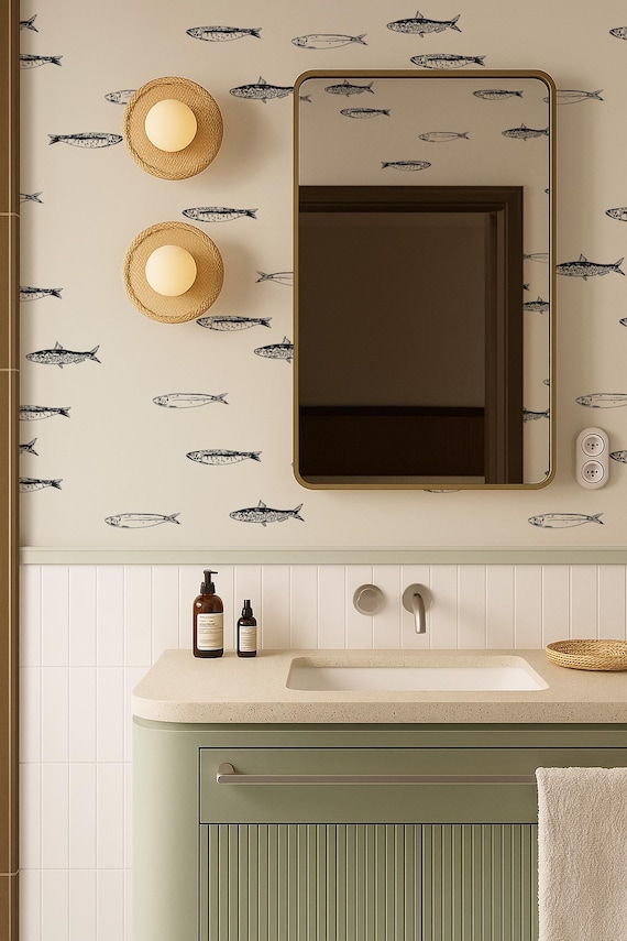 Coastal Fish Wallpaper, Minimal Nautical Peel & Stick or Non-Pasted Wall Covering in Custom Colors