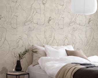 Female Body Wallpaper – Sketch Art Peel & Stick or Non-Woven Wall Mural in Custom Colors