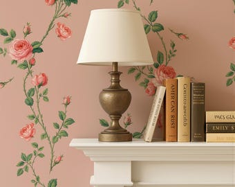 Rose Shabby Chic Wallpaper – Cottagecore Peel & Stick or Traditional Wall Covering in Custom Colors
