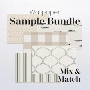 May include: A wallpaper sample bundle featuring various patterns. The samples include a beige floral design, a tan and white gingham, a fish print, a blue and white floral trellis, and green striped wallpaper. The text reads "Wallpaper Sample Bundle Mix & Match."