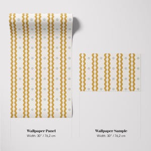 May include: A roll of wallpaper and a sample piece. The wallpaper has a cream background with vertical wavy gold stripes and small gray floral accents. The panel width is 30 inches (76.2 cm). The sample piece has the same design.