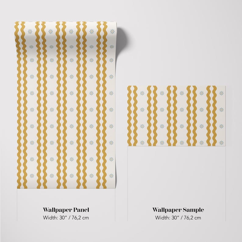 May include: A roll of wallpaper and a sample piece. The wallpaper has a cream background with vertical wavy gold stripes and small gray floral accents. The panel width is 30 inches (76.2 cm). The sample piece has the same design.