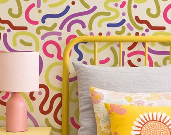 Playful Abstract Wallpaper, Colorful Non-Woven or Peel & Stick Wall Covering in Custom Colors