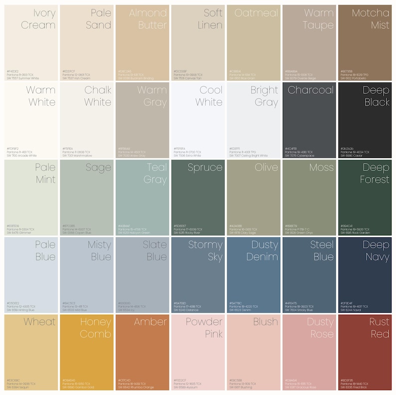 May include: A color palette featuring 36 different color swatches. Colors range from light neutrals like Ivory Cream and Pale Sand to deeper shades such as Deep Navy and Rust Red. Each swatch includes a color name and code.