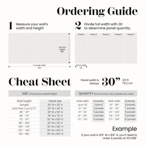 May include: An ordering guide with instructions for measuring wall width and height, and dividing by 30 to determine panel quantity. Includes a cheat sheet with panel sizes and quantities for various wall dimensions. Panel width is always 30 inches (76.2 cm).