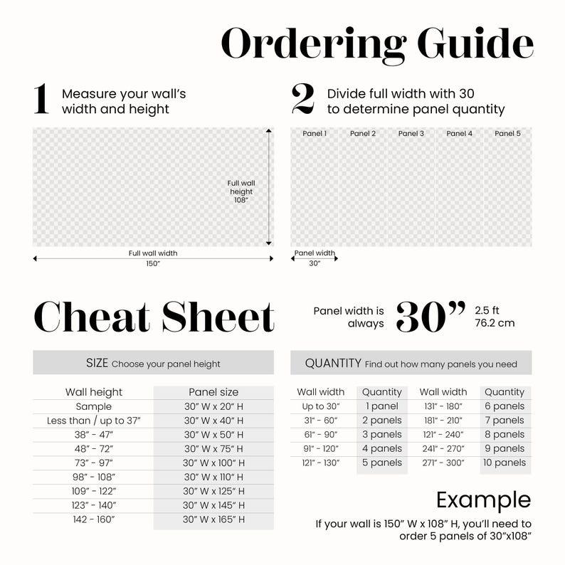 May include: An ordering guide with instructions for measuring wall width and height, and dividing by 30 to determine panel quantity. Includes a cheat sheet with panel sizes and quantities for various wall dimensions. Panel width is always 30 inches (76.2 cm).