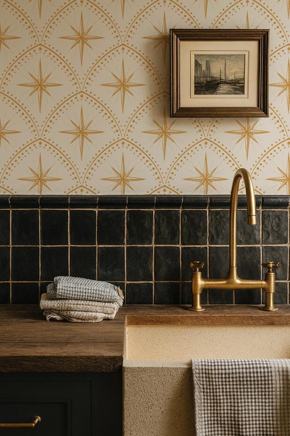 Celestial Art Deco Wallpaper – Vintage Star Peel & Stick or Non-Pasted Wall Covering, Custom Colors