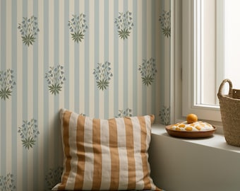 Papel pintado floral a rayas: estilo cottagecore, autoadhesivo o tradicional, en colores personalizados.