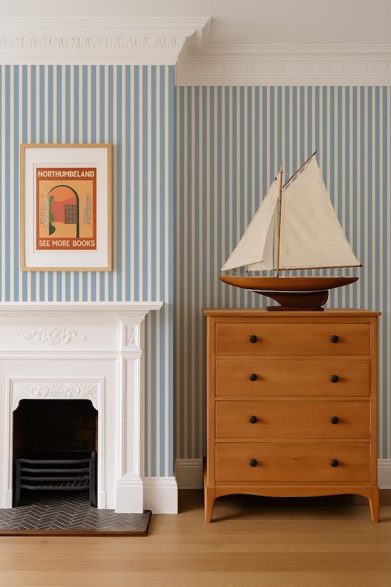 Blue Pinstripe Wallpaper, Timeless Linear Removable or Non-Woven Wall Covering in Custom Colors