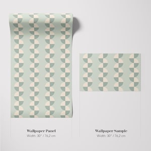 May include: A roll of wallpaper and a sample piece. The wallpaper features a repeating pattern of alternating half-circles in light green and cream. The text reads "Wallpaper Panel" and "Wallpaper Sample", both with a width of 30 inches / 76.2 cm.