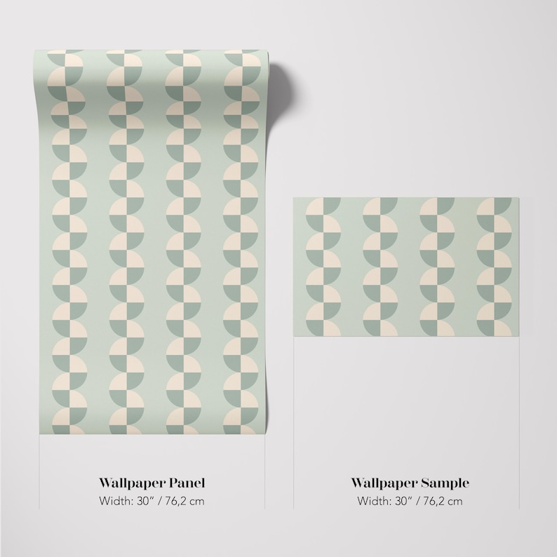May include: A roll of wallpaper and a sample piece. The wallpaper features a repeating pattern of alternating half-circles in light green and cream. The text reads "Wallpaper Panel" and "Wallpaper Sample", both with a width of 30 inches / 76.2 cm.
