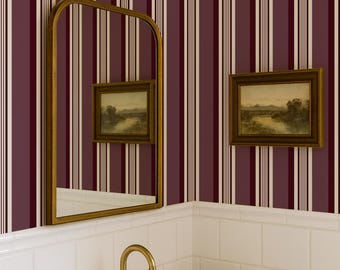 Burgundy Stripe Wallpaper – Traditional Victorian Peel & Stick or Non-Pasted Wall Covering in Custom Colors