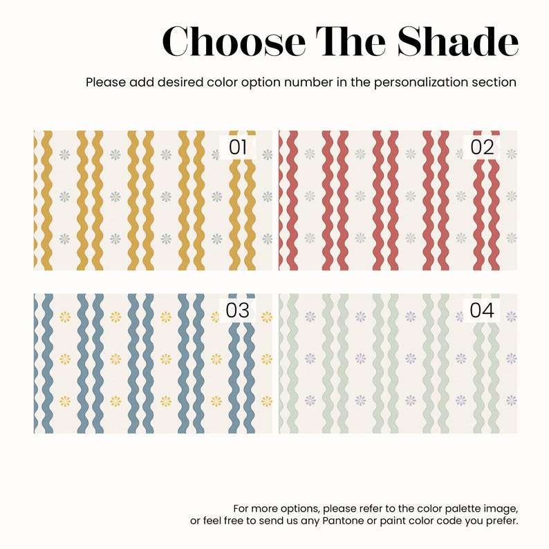 May include: Image displays four fabric swatches with wavy stripe patterns in various colors: mustard yellow, red, blue, and pale green. Each swatch is numbered and includes small floral accents. The text "Choose The Shade" is at the top.