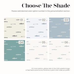 K&ouml;nnte beinhalten: Das Bild zeigt sechs Stoffmuster mit Fischmuster in verschiedenen Farbt&ouml;nen. Der Text "Choose The Shade" steht oben, mit Anweisungen zur Auswahl einer Farboption. Jedes Muster ist nummeriert, und es sind zus&auml;tzliche Farboptionen verf&uuml;gbar.