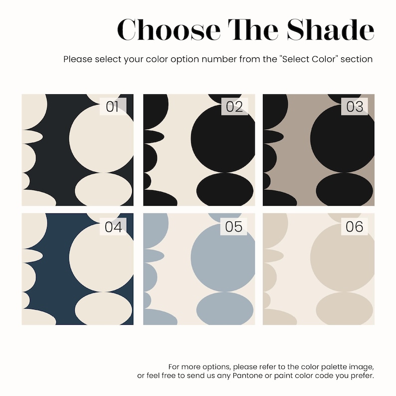 Pode incluir: Uma tabela de sele&ccedil;&atilde;o de cores intitulada Choose The Shade com seis amostras quadradas numeradas de 01 a 06. Cada amostra exibe um padr&atilde;o repetitivo de c&iacute;rculos grandes em v&aacute;rias combina&ccedil;&otilde;es de cores, incluindo preto, creme, cinza e tons de azul.
