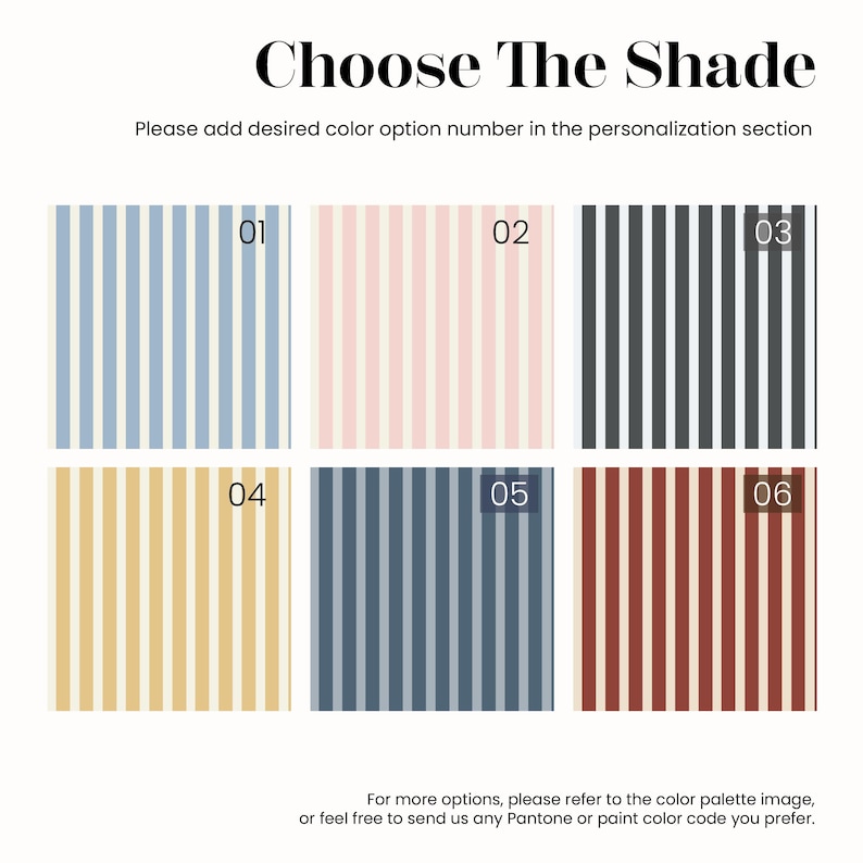 May include: Image showing six striped colour options, each numbered. The options include blue, pink, black, yellow, navy, and red stripes. The text at the top says "Choose The Shade".